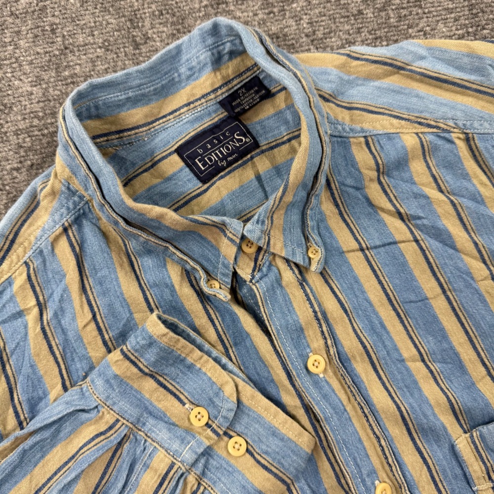 Basic Editions Button Down Shirt‎ 2X Blue Tan Striped Long Sleeve Men's